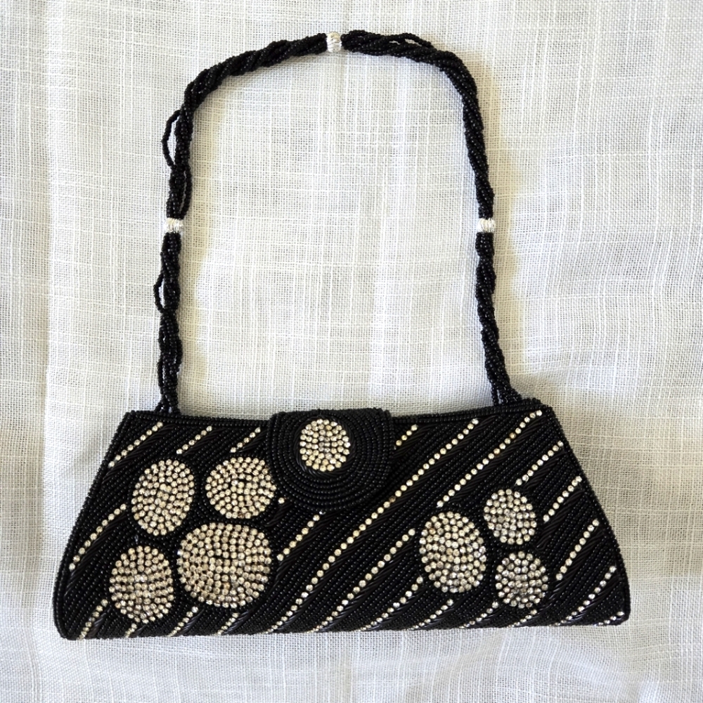 90s Beaded Evening Clutch Purse Cubic Zirconia black silver Indian Shoulder bag